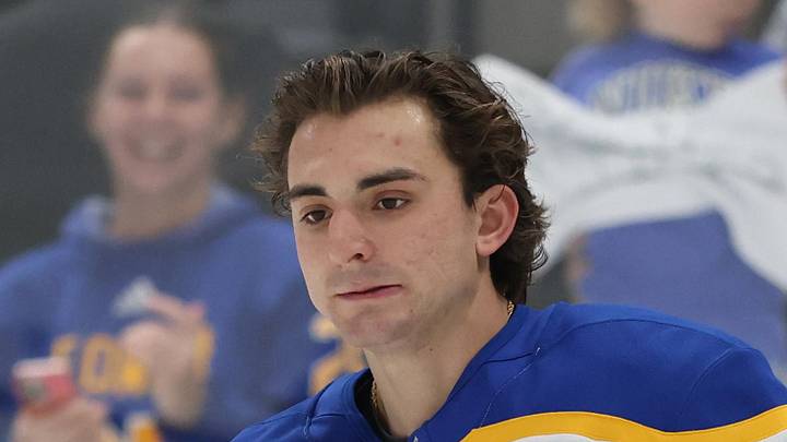 Nov 12, 2025; Salt Lake City, Utah, USA; Buffalo Sabres defenseman Michael Kesselring (8) warms up before a game against the Utah Mammoth at Delta Center. Mandatory Credit: Rob Gray-Imagn Images