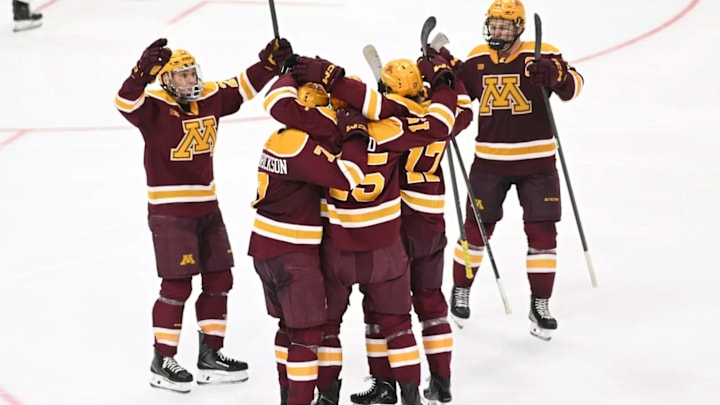 The Gophers celebrate against North Dakota on Saturday night in Grand Forks. 