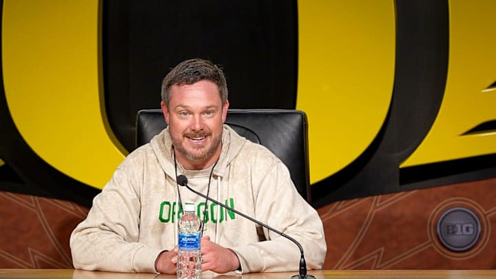 Oregon head coach Dan Lanning speaks during a press availability Thursday, March 13, 2025, at the Hatfield-Dowlin Complex in Eugene, Ore.