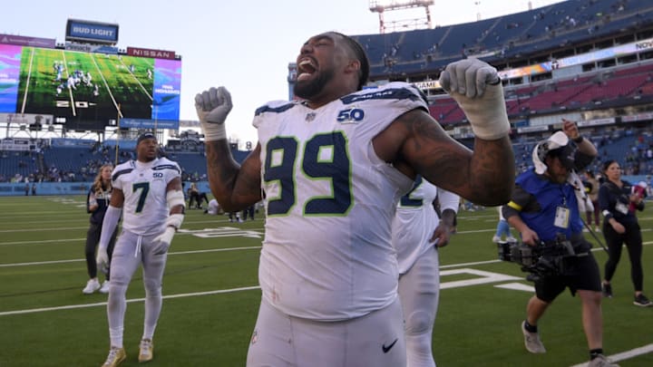Nov 23, 2025; Nashville, Tennessee, USA; Seattle Seahawks defensive end Leonard Williams (99) reacts after a game against the Tennessee Titans at Nissan Stadium. Nov 23, 2025; Nashville, Tennessee, USA; Seattle Seahawks defensive end Leonard Williams (99) reacts after a game against the Tennessee Titans at Nissan Stadium.