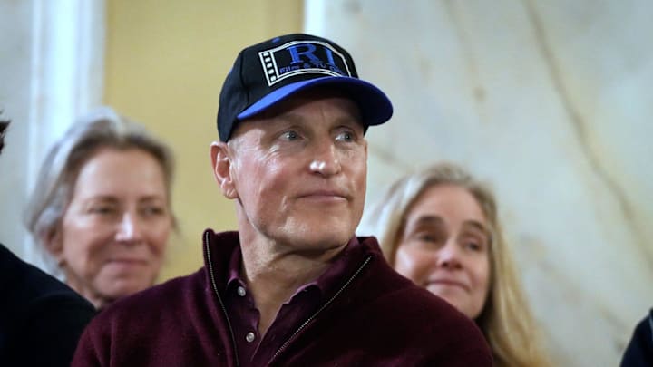 Woody Harrelson wearing a Rhode Island Film and Television cap. Woody Harrelson wearing a Rhode Island Film and Television cap.