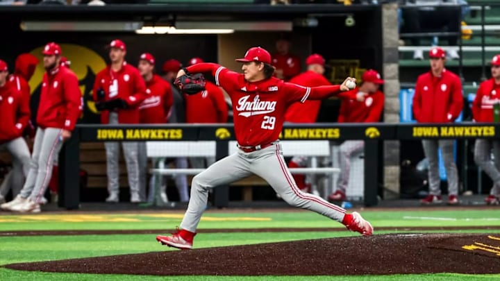 Indiana relief pitcher Ryan Kraft throws a pitch during the Hoosiers game at Iowa on April 25, 2025.