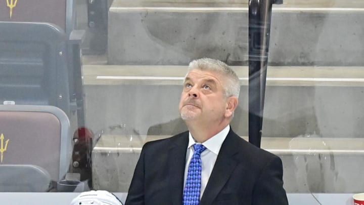 Nov 20, 2023; Tempe, Arizona, USA; Los Angeles Kings head coach Todd McLellan looks on in the first period against the Arizona Coyotes at Mullett Arena. Mandatory Credit: Matt Kartozian-Imagn Images