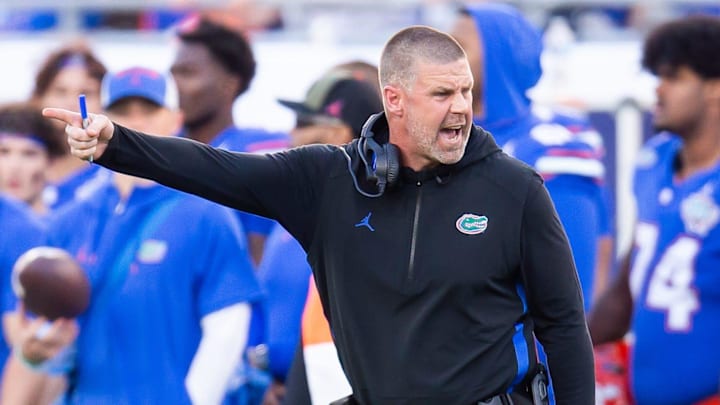 Florida Gators head coach Billy Napier has words with an official during the first half at Raymond James Stadium in Tampa, FL on Friday, December 20, 2024 in the 2024 Union Home Mortgage Gasparilla Bowl. [Doug Engle/Gainesville Sun]