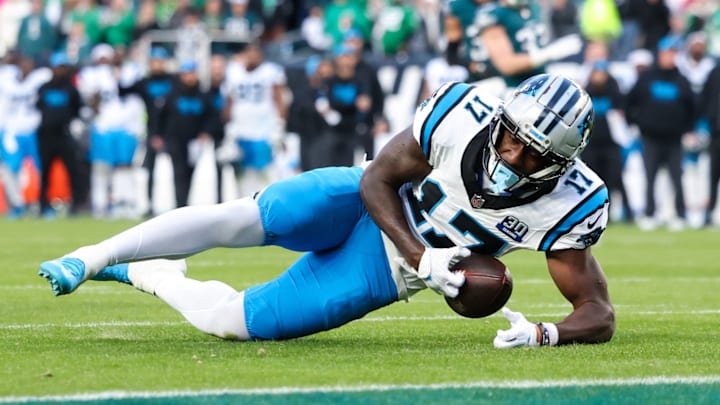 Dec 8, 2024; Philadelphia, Pennsylvania, USA; Carolina Panthers wide receiver Xavier Legette (17) is unable to catch a long pass in the final minute of a game against the Philadelphia Eagles at Lincoln Financial Field. 