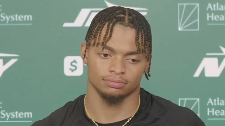 Quarterback Justin Fields during a New York Jets press conference. Quarterback Justin Fields during a New York Jets press conference.