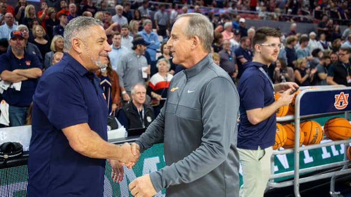 Auburn Tigers head coach Bruce Pearl and Tennessee Volunteer head coach Rick Barnes shake hands before Auburn Tigers take on the Tennessee Volunteers at Neville Arena in Auburn, Ala., on Saturday, March 4, 2023.