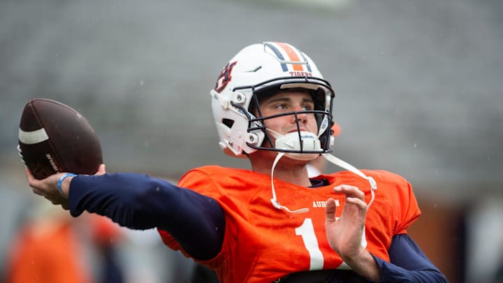 Auburn Tigers quarterback Holden Geriner (12) warms up during the A-Day spring football game at Jordan-Hare Stadium in Auburn, Alabama. Auburn Tigers quarterback Holden Geriner (12) warms up during the A-Day spring football game at Jordan-Hare Stadium in Auburn, Alabama.