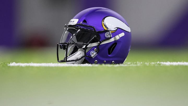 Jun 11, 2019; Eagan, MN, USA; A Minnesota Vikings helmet sits on the field at TCO Performance Center.
