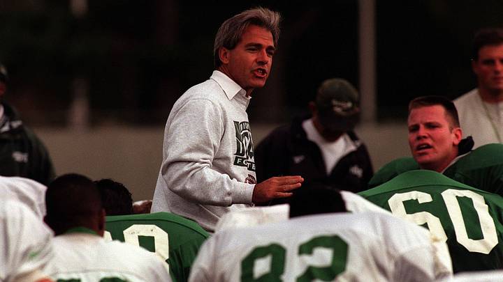 MSU Football Coach Nick Saban addresses the players after practice Monday evening. MSU Football Coach Nick Saban addresses the players after practice Monday evening.