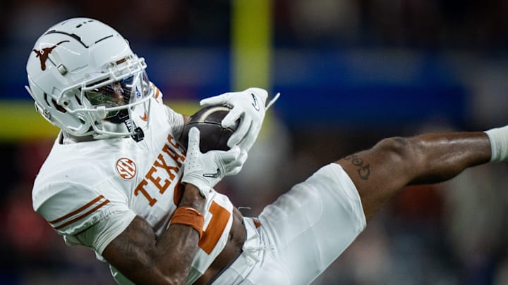 Texas Longhorns wide receiver Matthew Golden (2) catches a pass in the fourth quarter as the Texas Longhorns play the Ohio State Buckeyes in the Cotton Bowl College Football Playoff semi-final at AT&T Stadium in Dallas, Texas, Jan. 10, 2025. | 