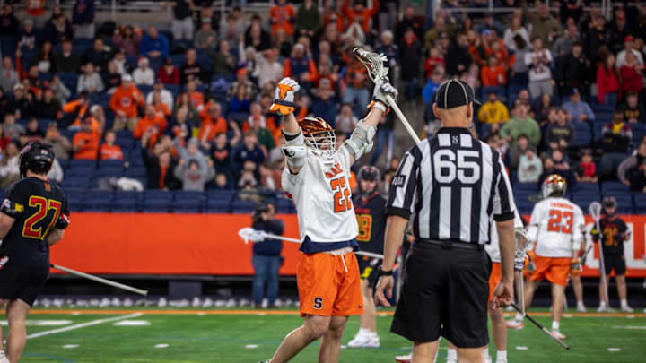 Feb 13, 2026; Syracuse, New York, USA; Syracuse Orange attackman Joey Spallina reacts in a game against the Maryland Terrapins at the JMA Wireless Dome. Feb 13, 2026; Syracuse, New York, USA; Syracuse Orange attackman Joey Spallina reacts in a game against the Maryland Terrapins at the JMA Wireless Dome.