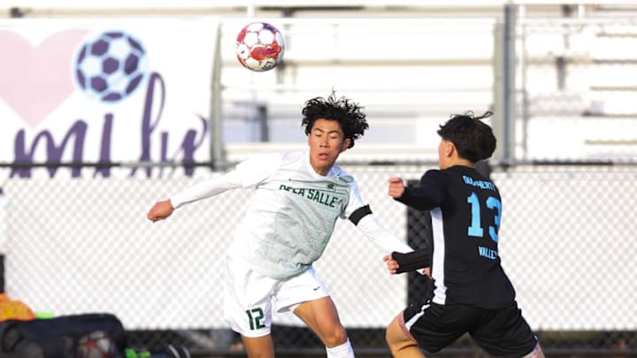 De La Salle (white) and Dougherty Valley battle in North Coast Section boys soccer action 