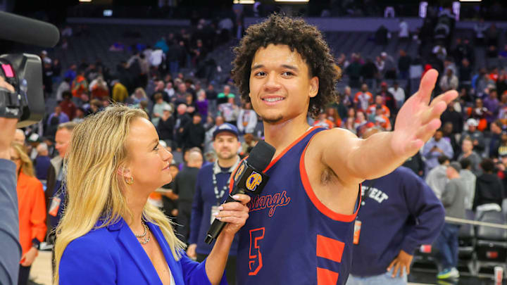 Eastvale Roosevelt's Brayden Burries answers questions during a postgame press conference after an 80-60 win over Archbishop Riordan in the CIF State Open Division final in Sacramento on March 15, 2025.