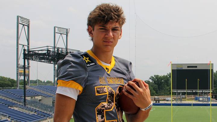 West Virginia commit Chase Guers wears his All-American Bowl jersey during a July visit to Tom Benson Hall of Fame Stadium in Canton, Ohio.