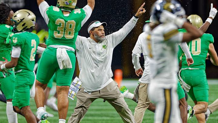 Buford football players and coaches celebrate during the closing seconds of their 2025 state championship game victory over Carrollton, which also led to a national championship. Teams from all across the country will soon begin their journeys for 2026 state crowns, beginning with Alaska this week.