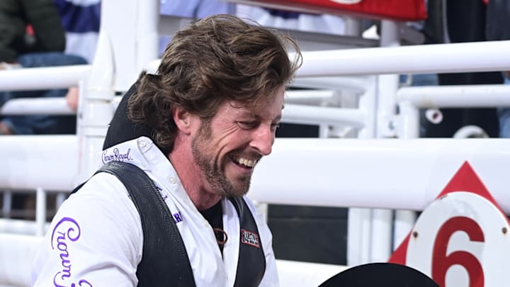 Texan Tilden Hooper was all smiles after his 90-point effort on Smith Pro Rodeo's horse named Risky Business Friday night at the Fort Worth Stock Show & Rodeo. Hooper won the championship here in 2020 and is aiming for another. 