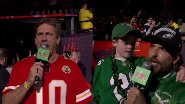 Jon Hamm and Bradley Cooper introduce the Kansas City Chiefs and Philadelphia Eagles before Super Bowl LIX.