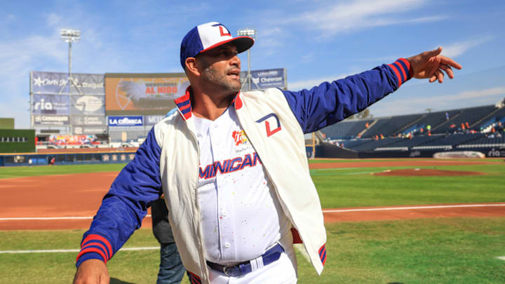 Albert Pujols walks the field during the game between Venezuela and Dominican Republic.