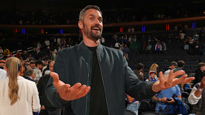 Kevin Love attends an Eastern Conference finals game at Madison Square Garden.