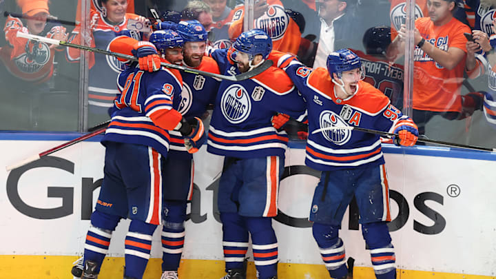 The Edmonton Oilers celebrate their Game 1 win over the Florida Panthers.