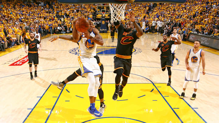 LeBron James blocks Andre Iguodala in Game 7 of the 2016 NBA Finals.