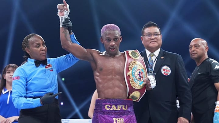 Phumelele Cafu after winning the WBO junior bantamweight title.
