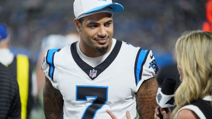 Aug 21, 2025; Charlotte, North Carolina, USA; Carolina Panthers safety Tre'von Moehrig (7) is interviewed during the second half against the Pittsburgh Steelers at Bank of America Stadium.