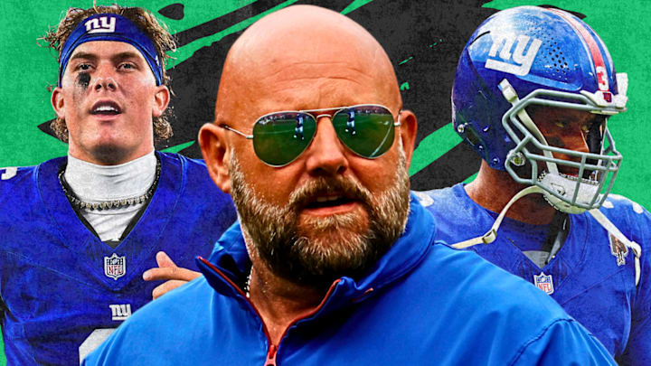 Jaxon Dart (L), Brian Daboll (M), and Russell Wilson (R)