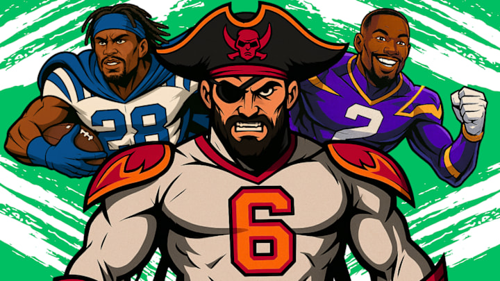 Jonathan Taylor (L), Baker Mayfield (C), Isaiah Rodgers (R)