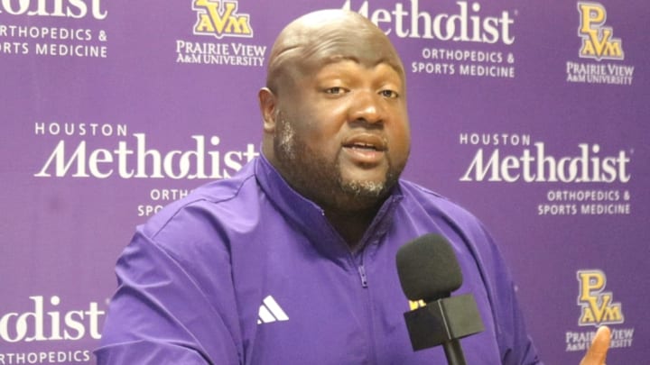 Apr. 2, 2026; Prairie View, Texas; Coach Tremaine Jackson says the 2026 team is "Always on the Hunt" at 2026 Spring Press Conference No. 2.