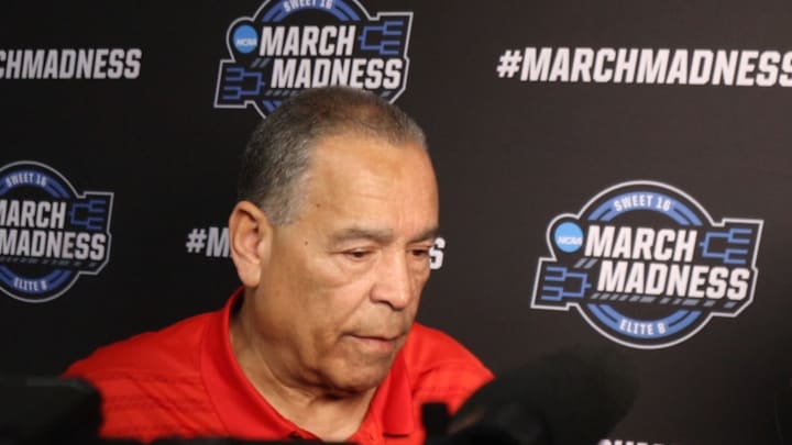 Mar 26, 2026; Houston, TX, USA at Toyota Center; Texas; University of Houston head coach Kelvin Sampson answering questions from reporter Lauren Shehadi after the Cougars lost 65-55 to Illinois.  