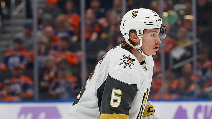 Nov 28, 2023; Edmonton, Alberta, CAN; Vegas Golden Knights defensemen Kaeden Korczak (6) follows the play against the Edmonton Oilers at Rogers Place. Mandatory Credit: Perry Nelson-USA TODAY Sports
