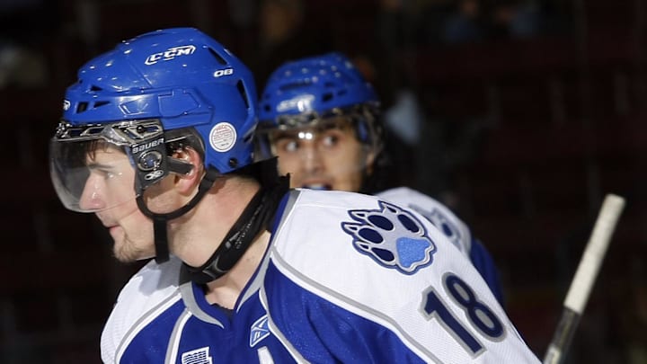 November 1, 2009; Mississauga, ON, CANADA; Sudbury Wolves forward John MacFarland (18) comes off the ice in an OHL game against the Mississauga St Michaels Majors. Mandatory Credit: John E. Sokolowski-Imagn Images