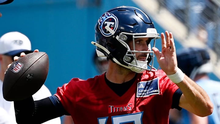 Tennessee Titans quarterback Brandon Allen passes during “Back Together Weekend” training camp practice. Tennessee Titans quarterback Brandon Allen passes during “Back Together Weekend” training camp practice.