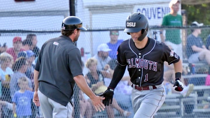 BREWSTER 07/25/23 Gavin Turley of Falmouth rounds third after hitting a go ahead homerun against Brewster . Cape League Baseball BREWSTER 07/25/23 Gavin Turley of Falmouth rounds third after hitting a go ahead homerun against Brewster . Cape League Baseball