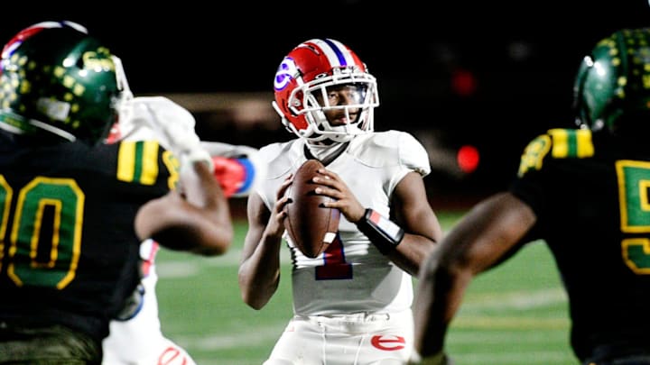 Evangel Christian Academy vs. Captain Shreve Thursday evening, November 14, 2024, at Lee Hedges Stadium. Peyton Houston makes a throw.