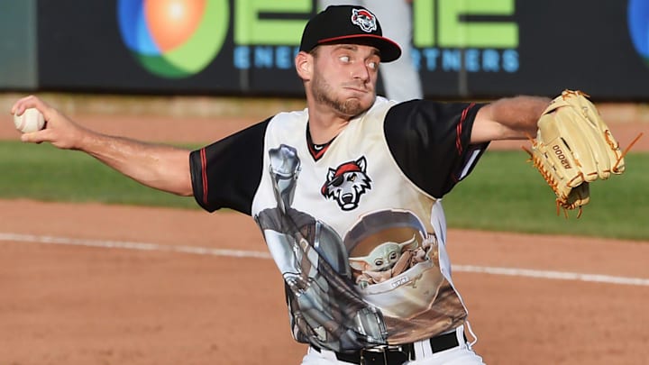Erie SeaWolves pitcher Blake Holub throws against the Akron RubberDucks at UPMC Park in Erie on June 30, 2023.