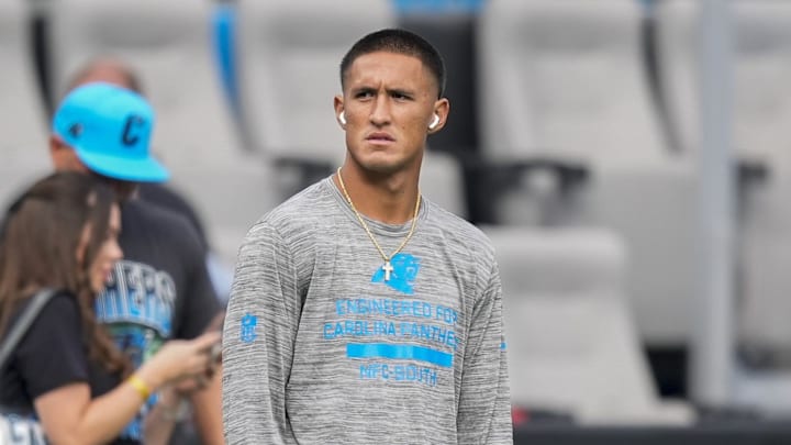 Aug 8, 2025; Charlotte, North Carolina, USA; Carolina Panthers wide receiver Tetairoa McMillan (4) during pregame warm ups against the Cleveland Browns at Bank of America Stadium. Mandatory Credit: Jim Dedmon-Imagn Images