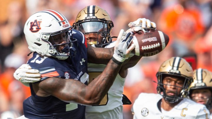 Vanderbilt Commodores defensive back Martel Hight (25) breaks up a pass intend for Auburn Tigers tight end Rivaldo Fairweather (13) as Auburn Tigers take on Vanderbilt Commodores at Jordan-Hare Stadium in Auburn, Ala., on Saturday, Nov. 2, 2024. Vanderbilt Commodores defeated Auburn Tigers 17-7.