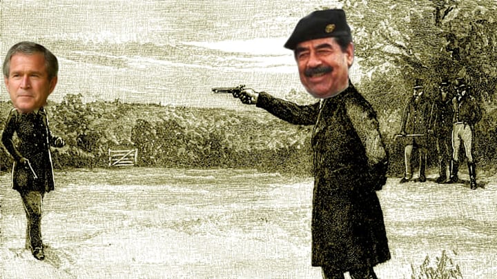Photo illustration of Bush vs. Hussein.