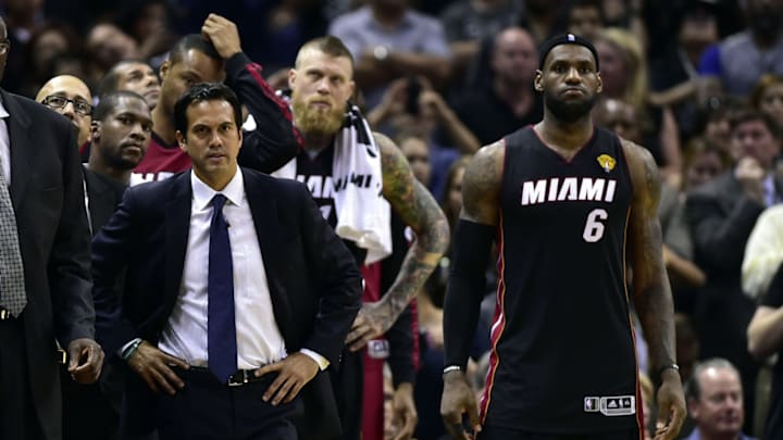 Jun 15, 2014; San Antonio, TX, USA; Miami Heat forward LeBron James (6) and Miami Heat head coach Erik Spoelstra react on the sideline during the fourth quarter against the San Antonio Spurs in game five of the 2014 NBA Finals at AT&T Center. Mandatory Credit: Bob Donnan-USA TODAY Sports Jun 15, 2014; San Antonio, TX, USA; Miami Heat forward LeBron James (6) and Miami Heat head coach Erik Spoelstra react on the sideline during the fourth quarter against the San Antonio Spurs in game five of the 2014 NBA Finals at AT&T Center. Mandatory Credit: Bob Donnan-USA TODAY Sports