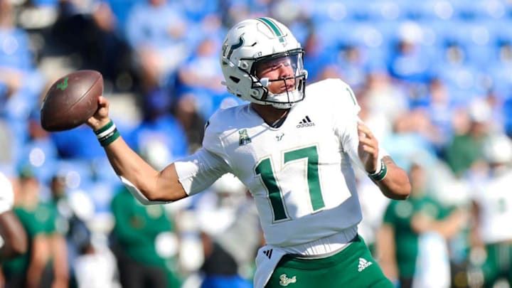 Nov 4, 2023; Memphis, Tennessee, USA;  South Florida s Byrum Brown (17) throws the ball against the Memphis Tigers at Simmons Bank Liberty Stadium. Mandatory Credit: Stu Boyd II-USA TODAY Sports