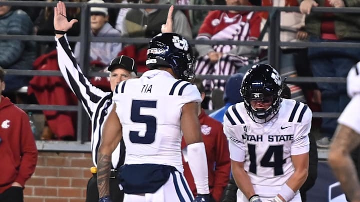 Nov 9, 2024; Pullman, Washington, USA; Utah State Aggies wide receivers Jack Hestera (14) and Otto Tia (5) celebrate after touchdown against the Washington State Cougars in the first half at Gesa Field at Martin Stadium. Mandatory Credit: James Snook-Imagn Images