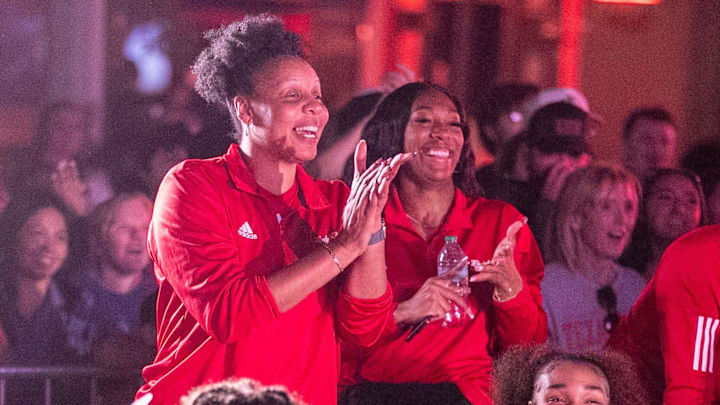 Plenette Pierson (left) and Zuri Sanders react during the Texas Tech basketball block party, Monday, October 28, 2024, on Broadway.