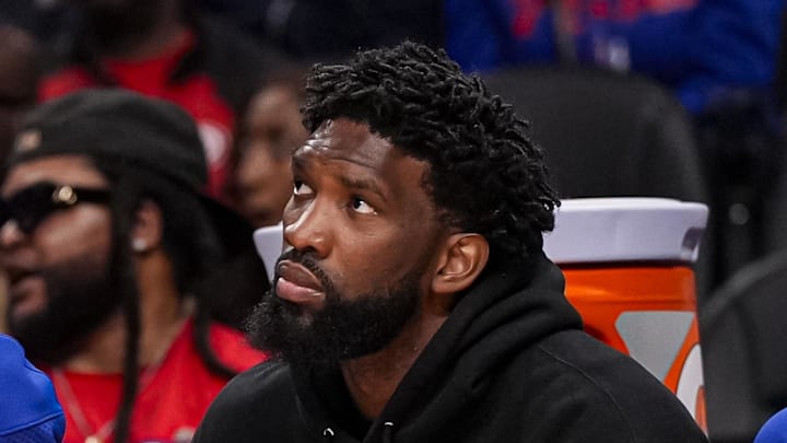 Mar 7, 2026; Atlanta, Georgia, USA; Philadelphia 76ers center/forward Joel Embiid (21) shown on the bench during the game against the Atlanta Hawks during the first half at State Farm Arena. Mandatory Credit: Dale Zanine-Imagn Images