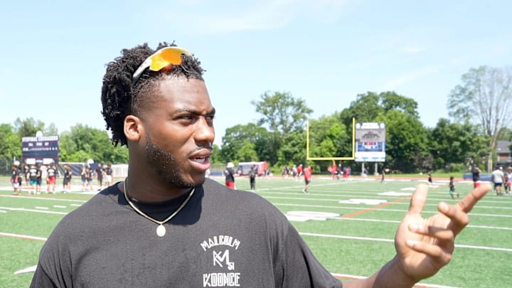 Malcolm Koonce, a former Stepinac football player and current Las Vegas Raiders defensive end, talks about returning to his alma mater to sponsor a free camp for kids June 21, 2025. This is the second year for the camp which is run by Stepinac coaches and players.