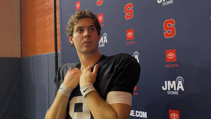 Aug 25, 2026; Syracuse, NY, USA; Syracuse quarterback Steve Angeli addresses the media at Ensley Athletic Center. Aug 25, 2026; Syracuse, NY, USA; Syracuse quarterback Steve Angeli addresses the media at Ensley Athletic Center.