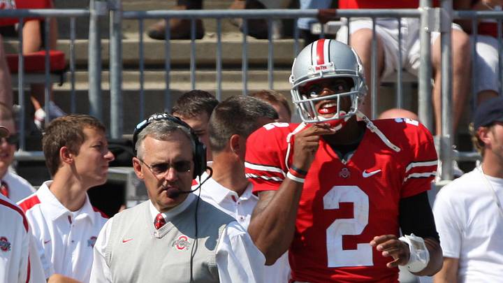 Sep 20, 2008; Columbus, OH, USA; Ohio State Buckeyes head coach Jim Tressel on the sidelines with quarterback Terrelle Pryor (2) against the Troy Trojans at Ohio Stadium. Mandatory Credit: Matthew Emmons-Imagn Images