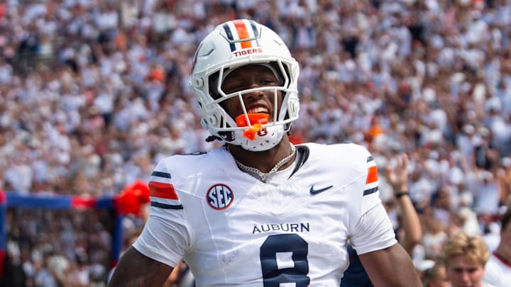 Auburn Tigers wide receiver Cam Coleman celebrates his touchdown as Auburn Tigers take on South Alabama Jaguars at Jordan-Hare Stadium.